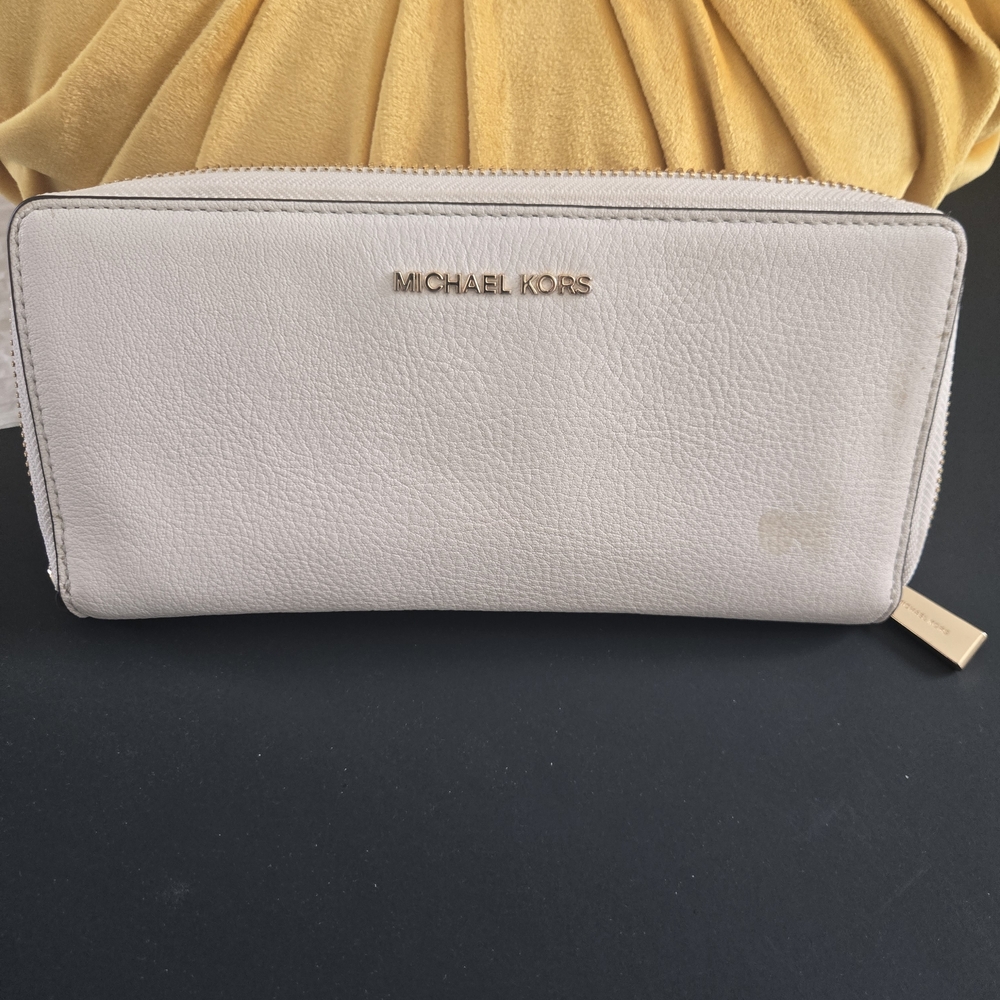 Michael Kors Light Cream Zip Wristlet Clutch with Gold-Tone Accent